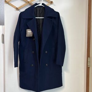 Navy Blue Pea Coat with Textured Fabric and Elegant Design